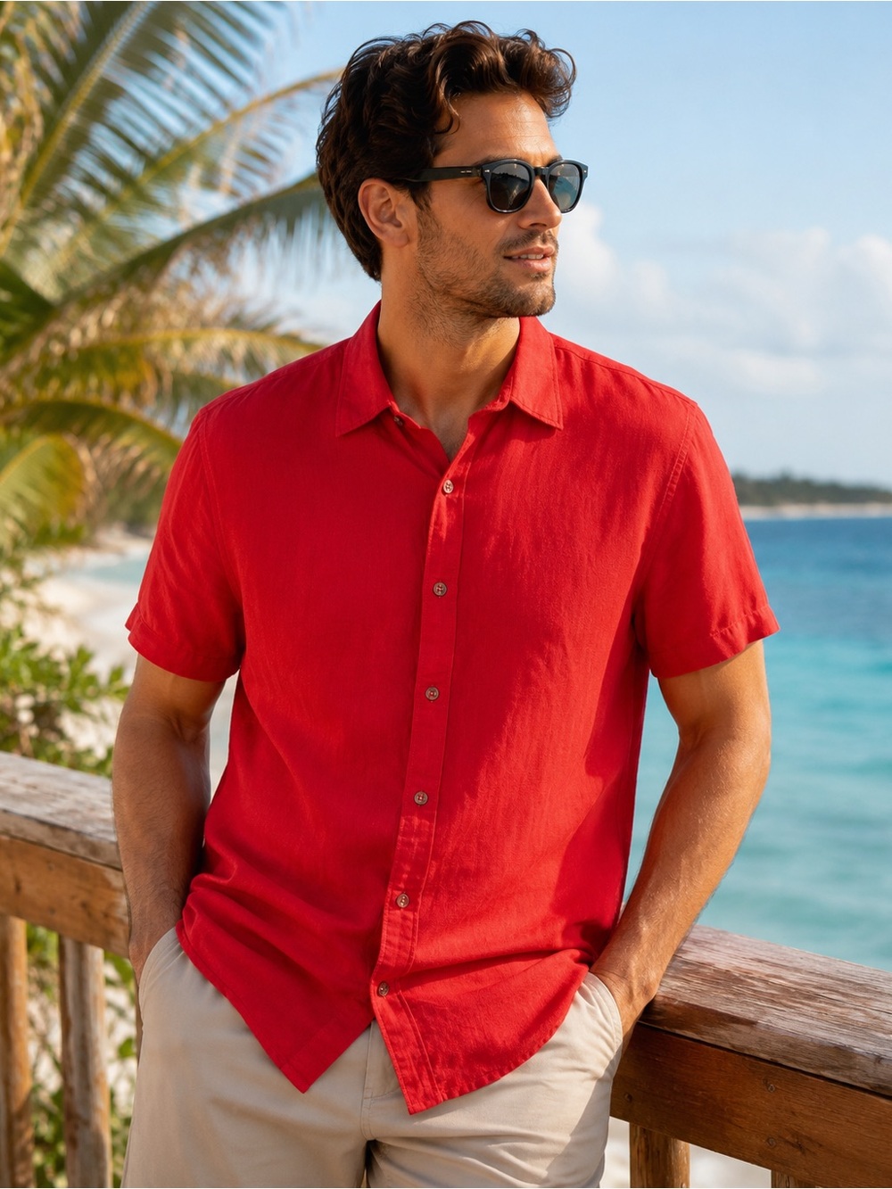 Perry Ellis Men's Short-Sleeve Button-Down Shirt in Red